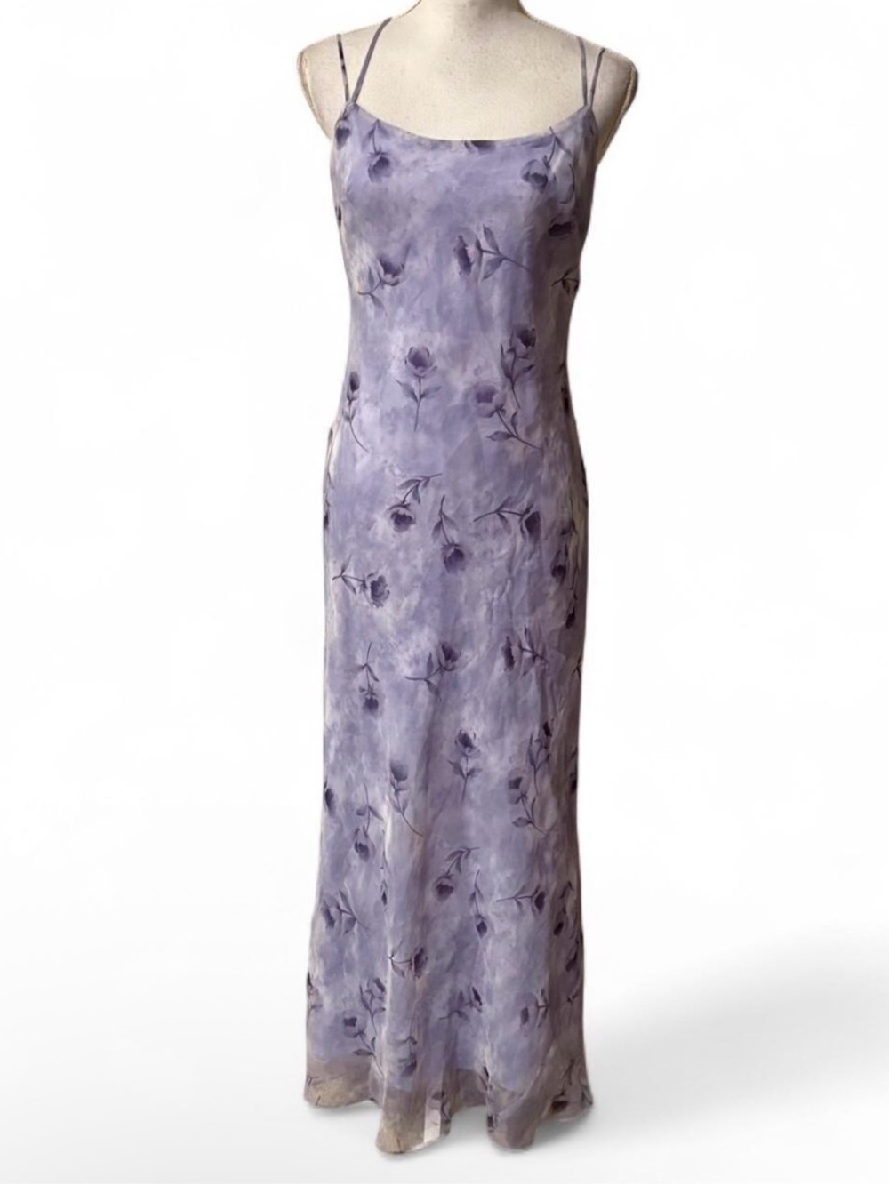 Vtg Windsor Y2K Lavender Floral Sheer Maxi Dress Cris Cross Back Sz 9/10 Prom